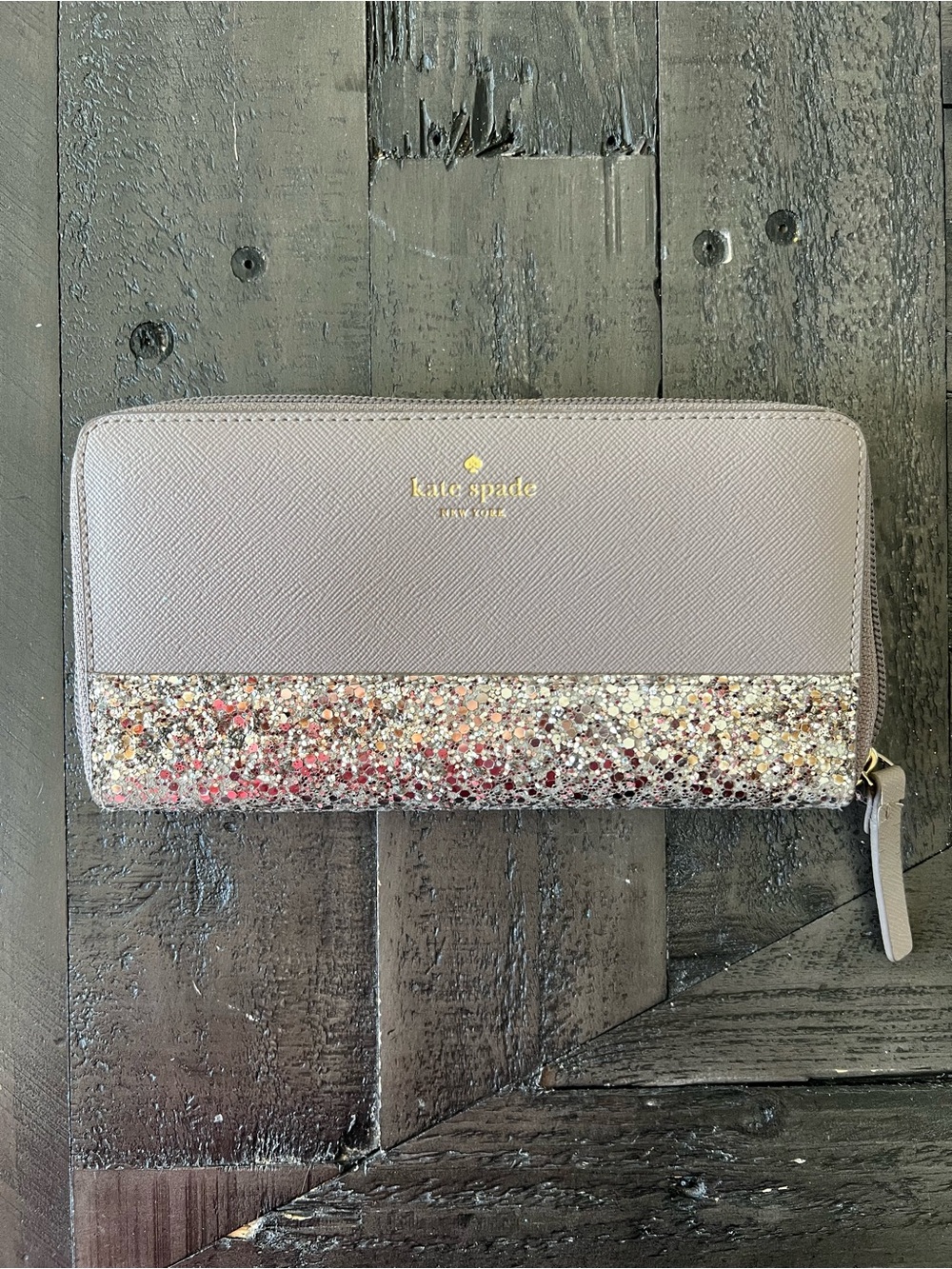 kate spade Taupe Wallet with Multicolor Glitter Accent
